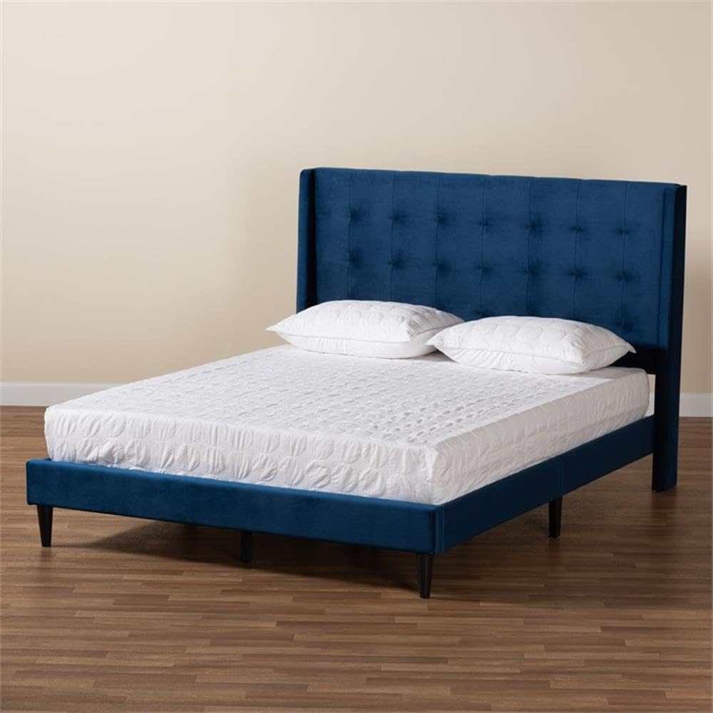 Baxton Studio Gothard Modern and Contemporary Navy Blue Velvet Fabric Upholstered and Dark Brown Finished Wood King Size Platform Bed