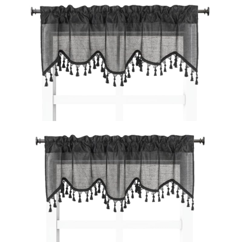 Solid Faux Silk Swag Waterfall Cascade Ascot Window Curtain Valance W/Tassels Trim 55' X18' Wave (2, Charcoal Grey)