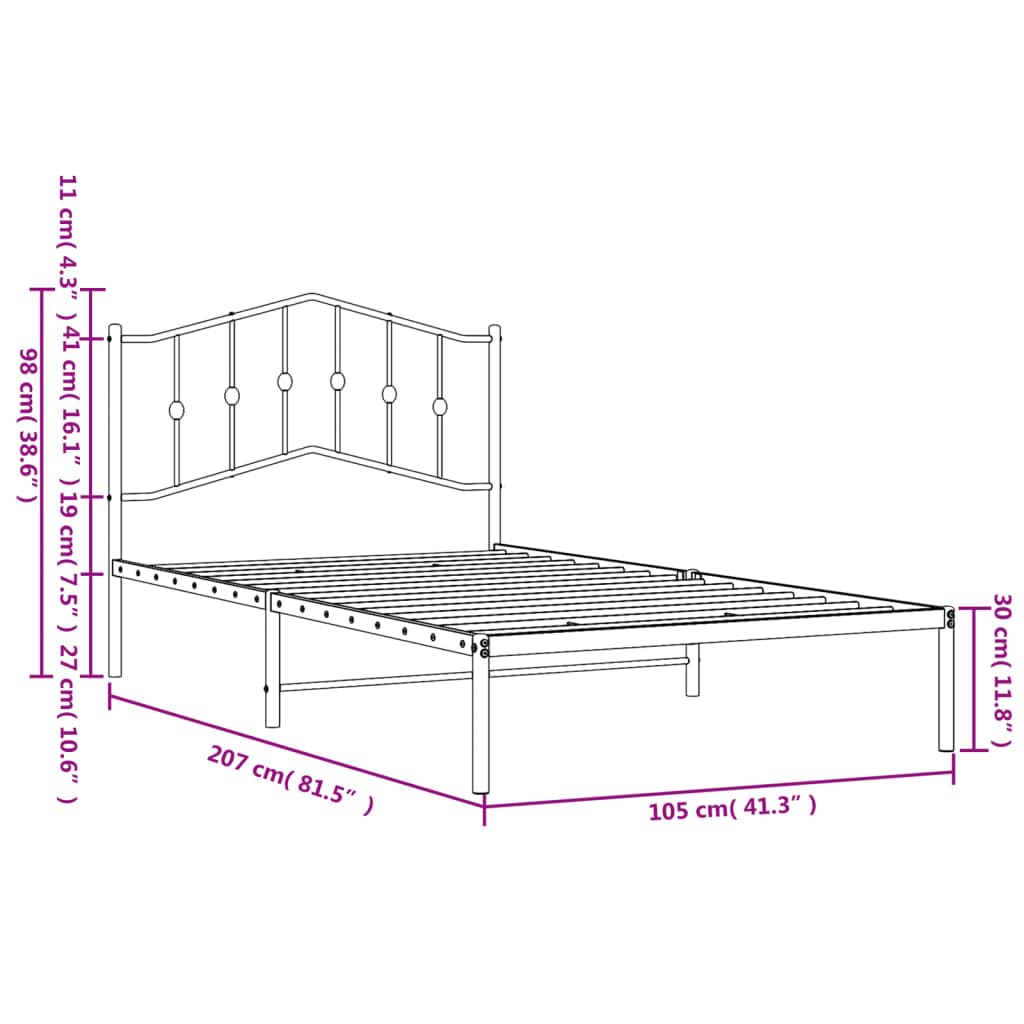 vidaXL Black Metal Bed Frame with Superb Back Supporting Headboard - Versatile Design for Modern Interiors - 39.4"x78.7" Size - Sturdy Steel Construction