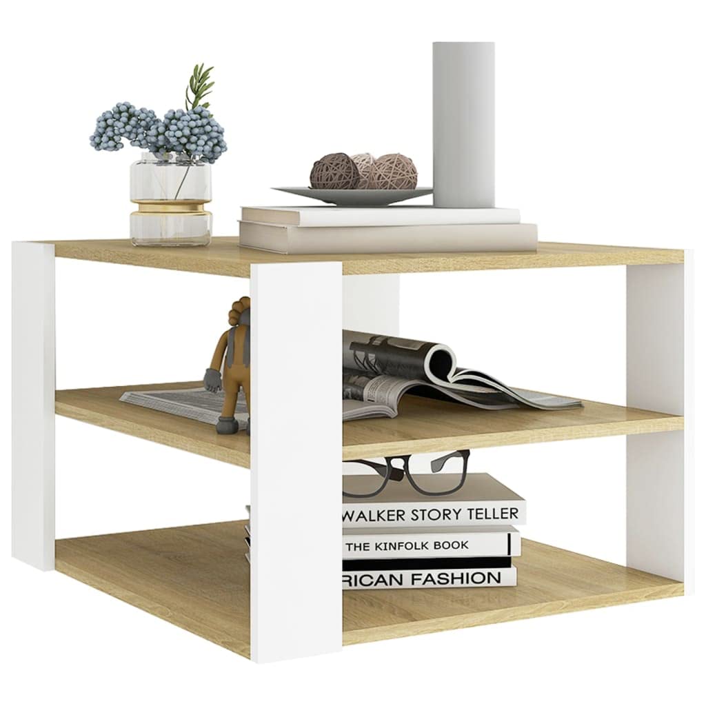 Coffee Table Sonoma Oak and White 23.6"x23.6"x15.7" Engineered Wood