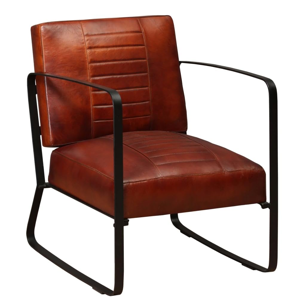 vidaXL Industrial-Style Lounge Chair – Brown Goat Leather Seat, Foam-Padded Comfort, Rugged Design, Easy Assembly, Sturdy Steel Frame