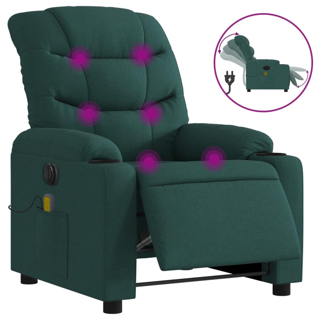 vidaXL Electric Massage Recliner Chair - Wingback, Vibrating, Motorized Recline, Cupholders, Side Pocket, Dark Green Fabric, Cozy Armchair for Living Room/Office