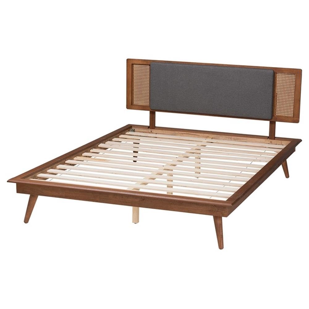Baxton Studio Delfina Mid-Century Modern Dark Grey Fabric and Walnut Brown Finished Wood Full Size Platform Bed