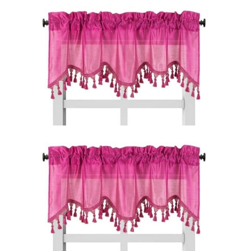 Solid Faux Silk Swag Waterfall Cascade Ascot Window Curtain Valance W/Tassels Trim 55' X18' Wave (2, Hot Pink)