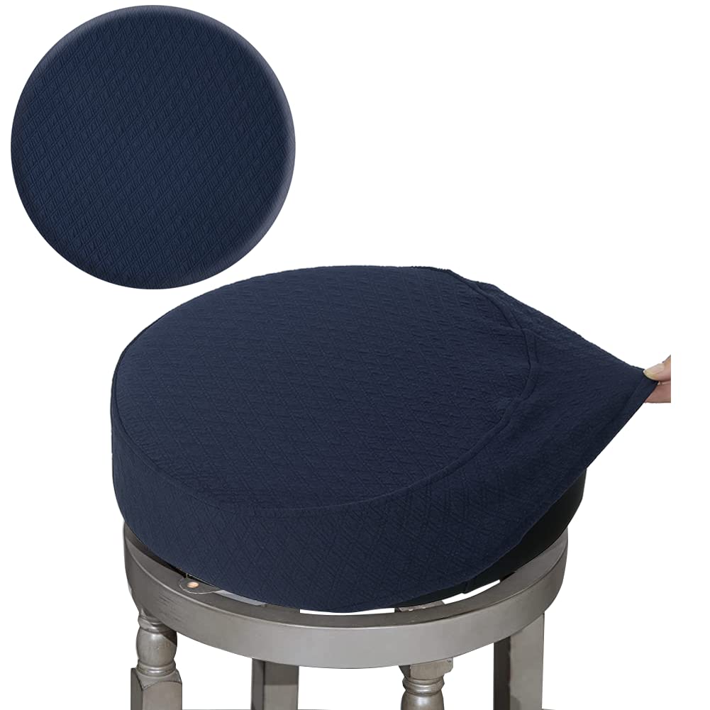 Buyue Bar Stool Covers, Luxury Fabric Dia.16-18' Round Crease-Resistant Stretchy Washable Jacquard Dustproof Stool Seat Slipcover, L-Navy Blue-1 Count