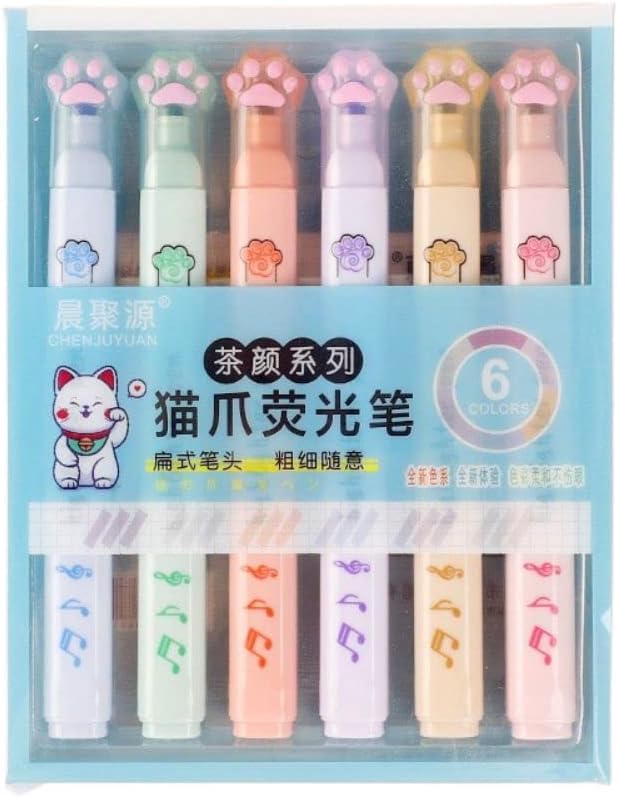 Katartizo 6 Pcs/Set Double Head Highlighters, Japanese Fluorescent Pen, Vintage Highlighter, Candy Color Graffiti Pen, Cat Paw S