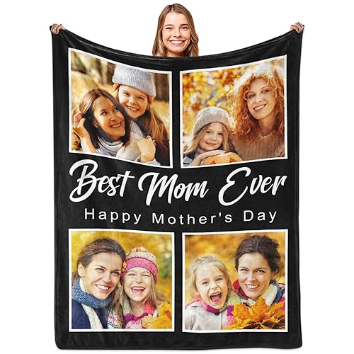 Yoke Style Custom Photo Blankets For Mom, Christmas Customized Throw Blankets With Pictures & Text, Personalized Birthday Gifts
