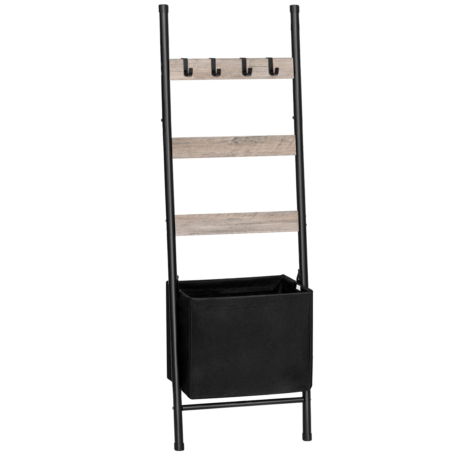 HOOBRO Blanket Ladder with Basket, 17.3   L x 63.4   H, Towel Rack with Hooks, Blanket Holder Rack, Decorative Ladder Shelf, Dry