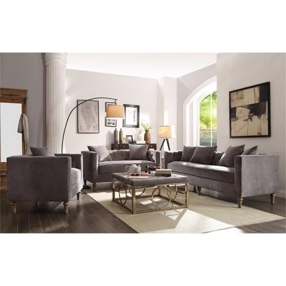 Acme Sidonia Velvet Tufted Sofa with 4 Pillows in Gray