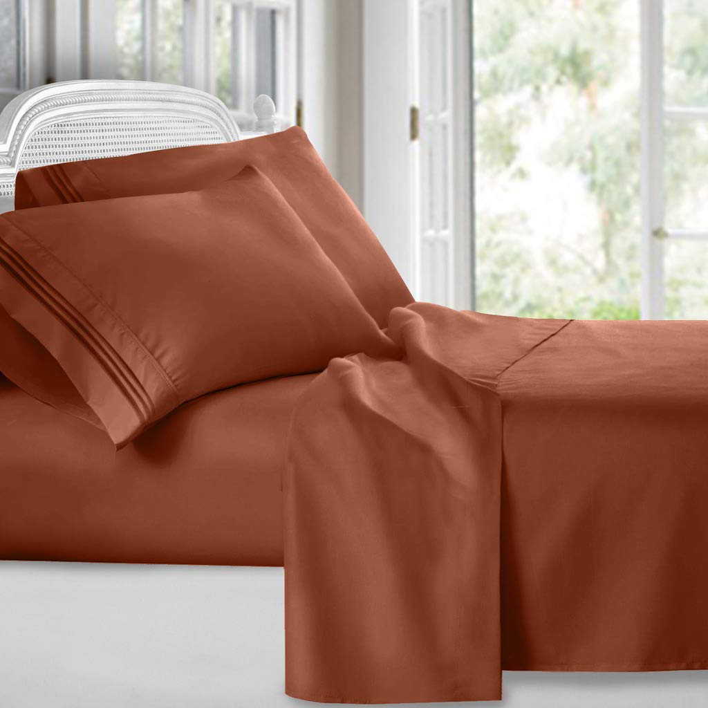 Clara Clark Bed Sheets, Premier 1800 Series 4 Piece Bed Sheet Set, Deep Pocket, Wrinkle, Fade, Stain Resistant, Luxury Soft Bedding Sheets & Pillowcases, King, Burnt Sienna