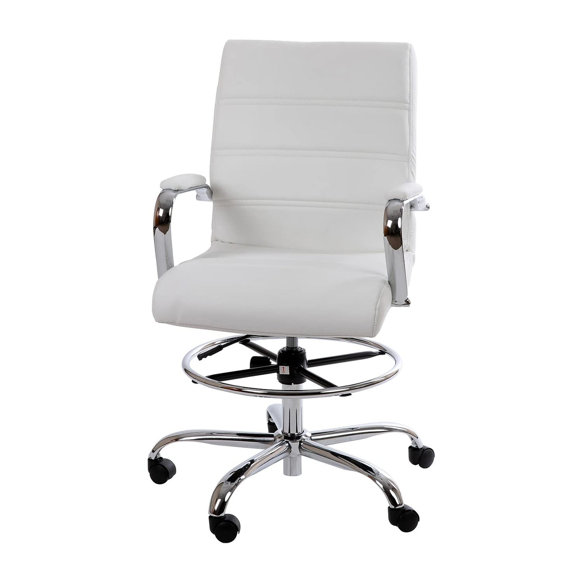 Flash Furniture Whitney Mid-Back Swivel LeatherSoft Drafting Chair with Padded Seat, Armrests, and Foot Ring, Adjustable Office Chair, White/Chrome