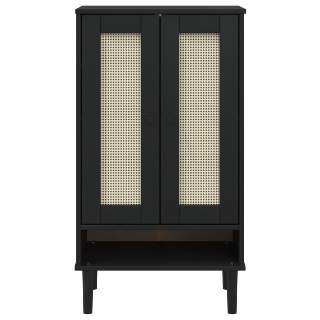 vidaXL Wooden Shoe Cabinet SENJA with Rattan Look Surface, Solid Pine Wood with Black Finish, Organizational Storage, Modern Style