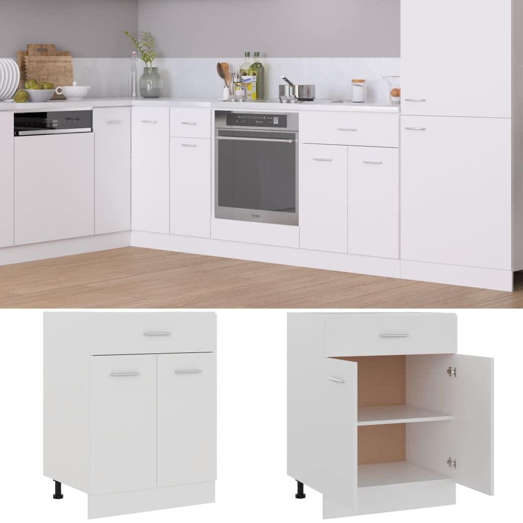 vidaXL Bottom Kitchen Cabinet with Drawer and Two Shelves - Engineered Wood Construction - White Finish - 23.6"x18.1"x32.1"