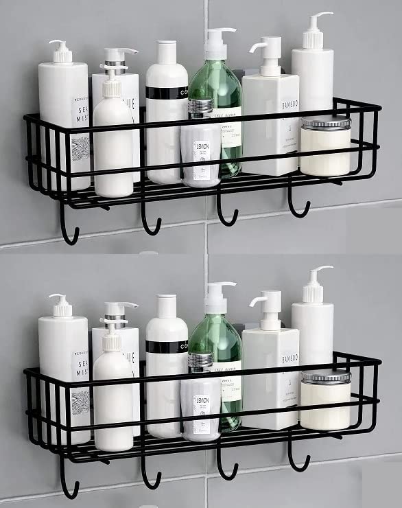 (Combo Offer) 2Pic Powder Coated SelfAdhesive Shower Bathroom Shelf With Hooks, Hanging Toiletries Holder Makeup Storage Rack F
