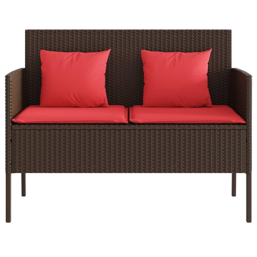 vidaXL Outdoor Loveseat Patio Bench - Brown Poly Rattan with Red Cushions, Comfortable Seating & Storage, 44.5" Width, Modern Style
