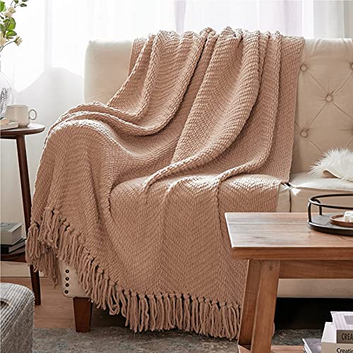 Bedsure Throw Blanket For Couch - Beige Knit Woven Chenille Blanket Versatile For Twin Bed, 60 X 80 Inch, Super Soft Warm Decora