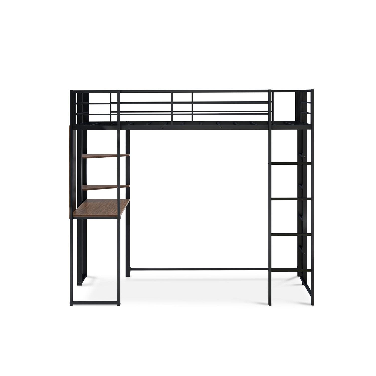 East West Furniture Butlblk Buckland Twin Loft Bed - One Metal Bed, A Table Top, 2 Book Shelves And 2 Ladder With 3 And 4 Steps And Guard Rails - Twin Loft Bed - Powder Coating Black Finish