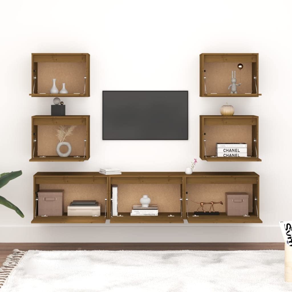 vidaXL TV Stand 7 Pcs, Wall Mounted Entertainment Center TV Console with Storage, Floating TV Stand for Living Room, Honey Brown Solid Wood Pine