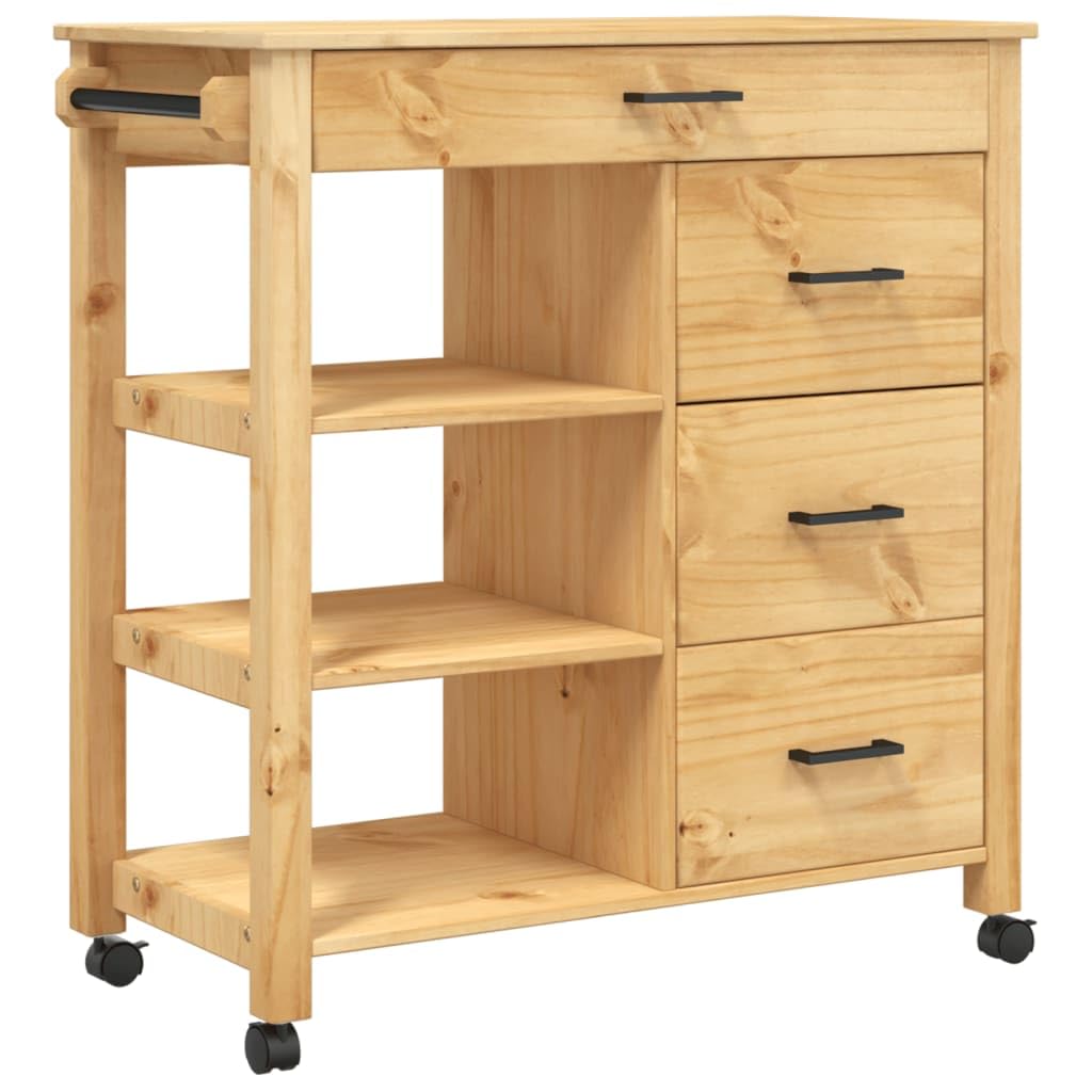 vidaXL Solid Wood Pine Kitchen Trolley Cart - Honey Wax Finish, Rolling Storage Organiser with Drawers/Shelves, 33.1" x 15.7" x 35.4"