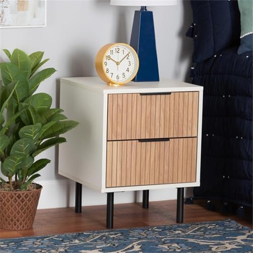 Baxton Studio Karima Mid-Century Modern Two-Tone White and Natural Brown Finished Wood and Black Metal 2-Drawer End Table