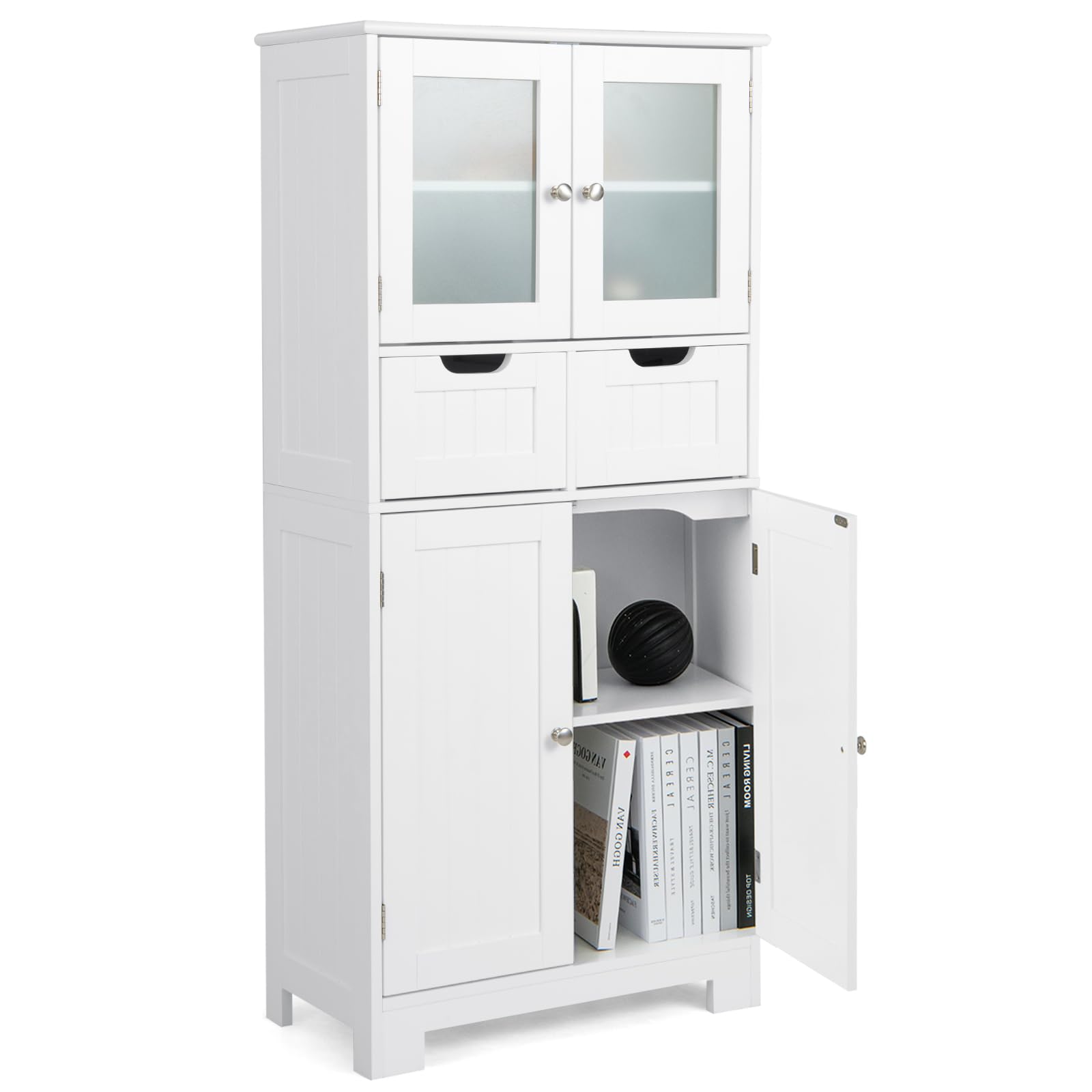 Costway Tall Bathroom Storage Cabinet, Freestanding Storage Organizer With Glass Doors, 2 Drawers & 2 Adjustable Shelves, Wooden Linen Floor Cabinet For Bathroom, Living Room, Kitchen (White)