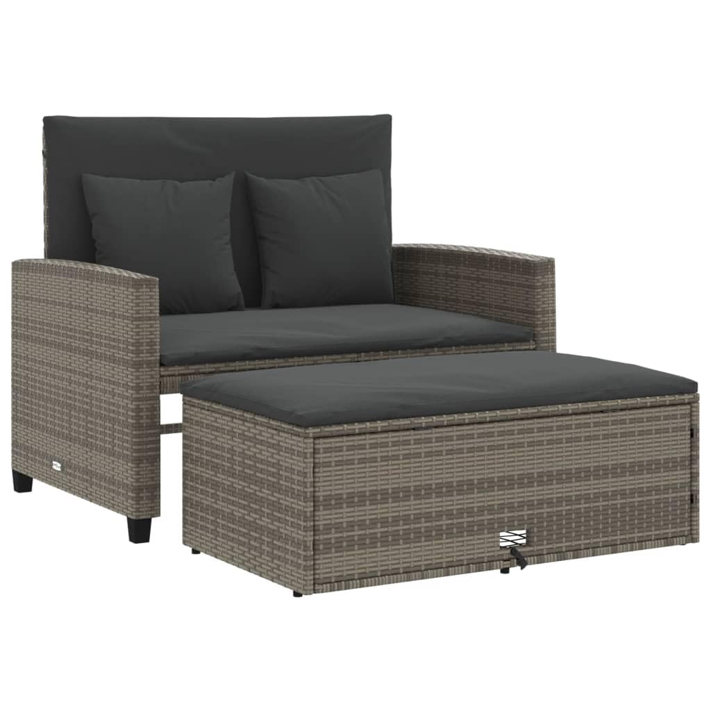vidaXL Patio Sofa with Cushions - 2-Seater Storage Garden Bench Gray Poly Rattan - Comfortable Outdoor Furniture, Reclining Functionality, with Footstool and Cushions - for Patio, Deck, Garden, Lounge