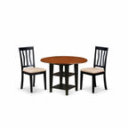 East West Furniture SUAN3-BCH-C 3 Piece Dining Room Table Set Contains a Round Kitchen Table with Dropleaf & Shelves and 2 Linen Fabric Upholstered Chairs, 42x42 Inch, Black & Cherry