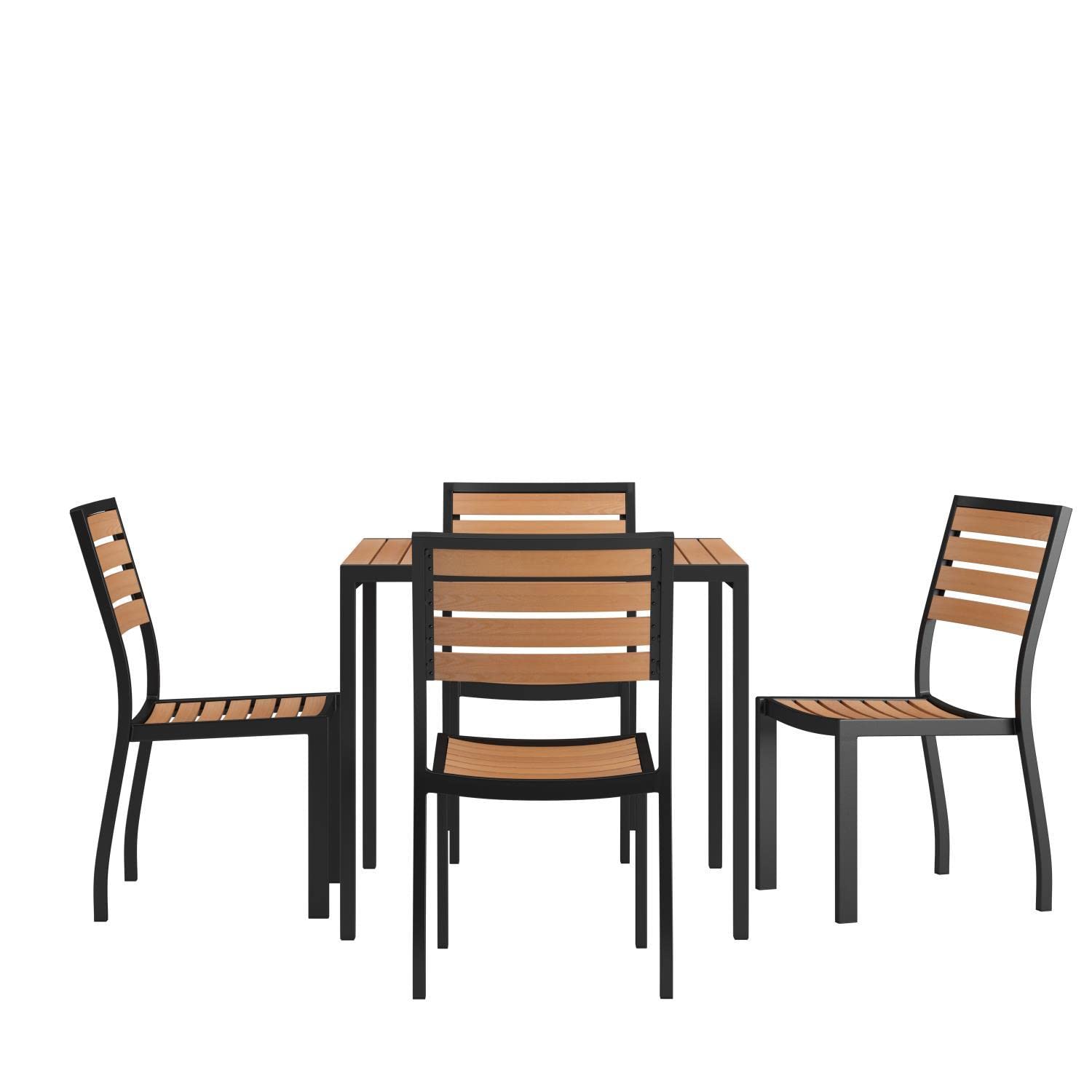 Flash Furniture 5 Piece Patio Table Set - Synthetic Teak Poly Slats - 35&quot; Square Steel Framed Table with 4 Faux Teak Chairs