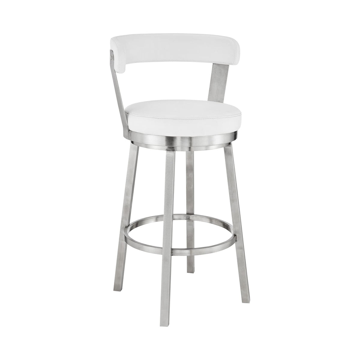 HomeRoots 30&quot; Chic White Faux Leather with Stainless Steel Finish Swivel Bar Stool