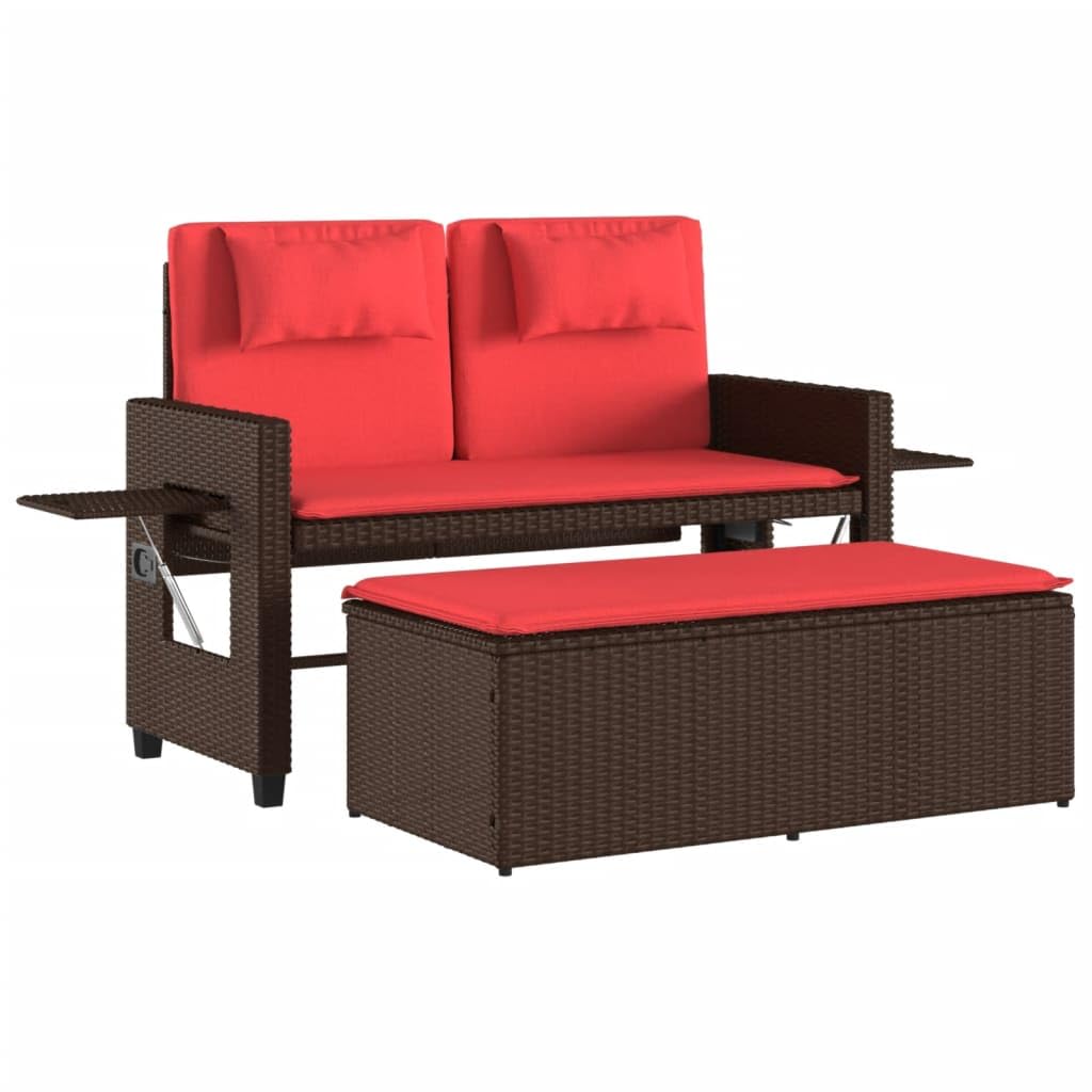 vidaXL Poly Rattan Reclining Patio Bench w/Cushions - Outdoor Convertible Loveseat/Sofa Bed, Brown, Weather-Resistant, Adjustable