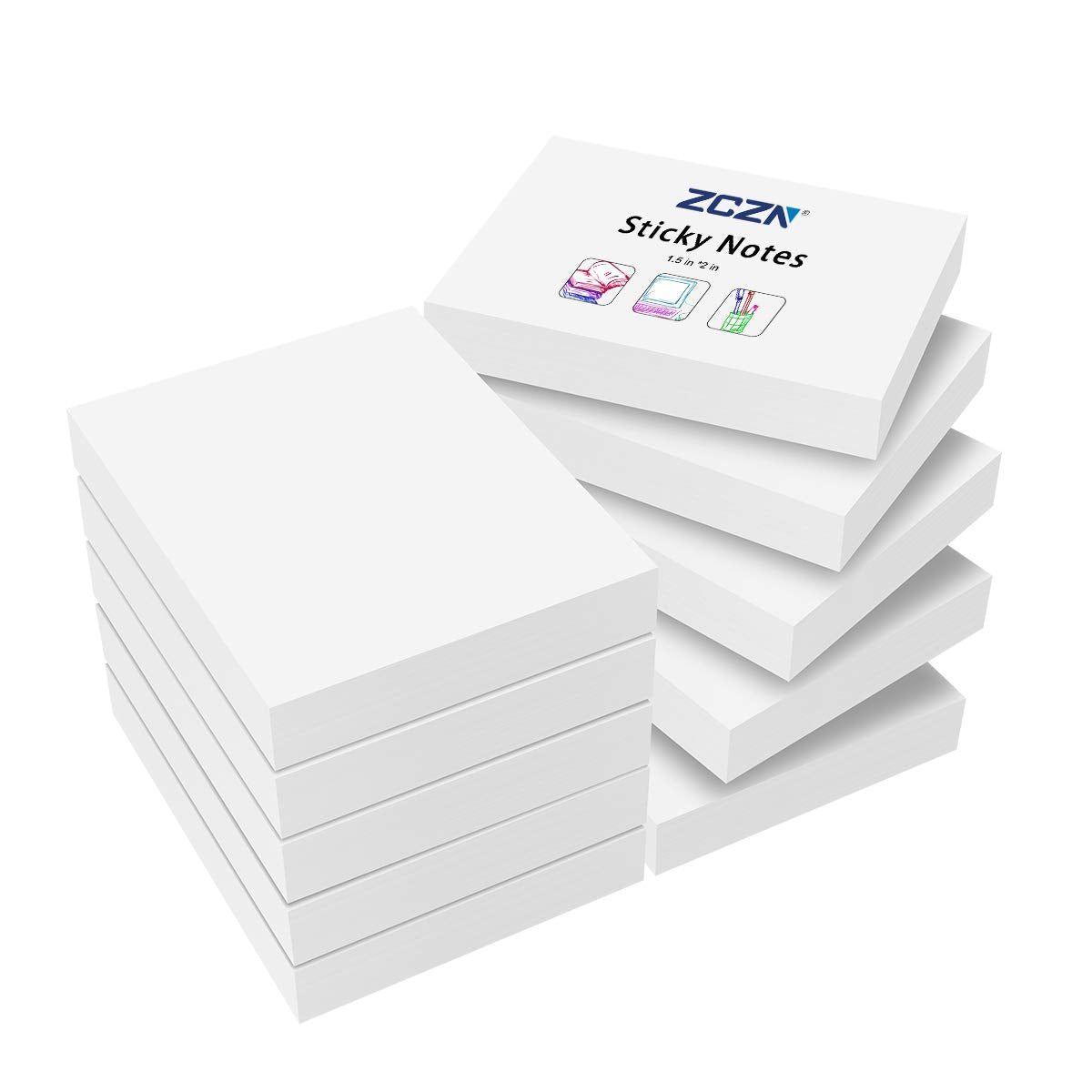 Zczn Small Sticky Notes, 1.5In X 2In, 100 Sheets/Pad, 10 Pads/Pack, White