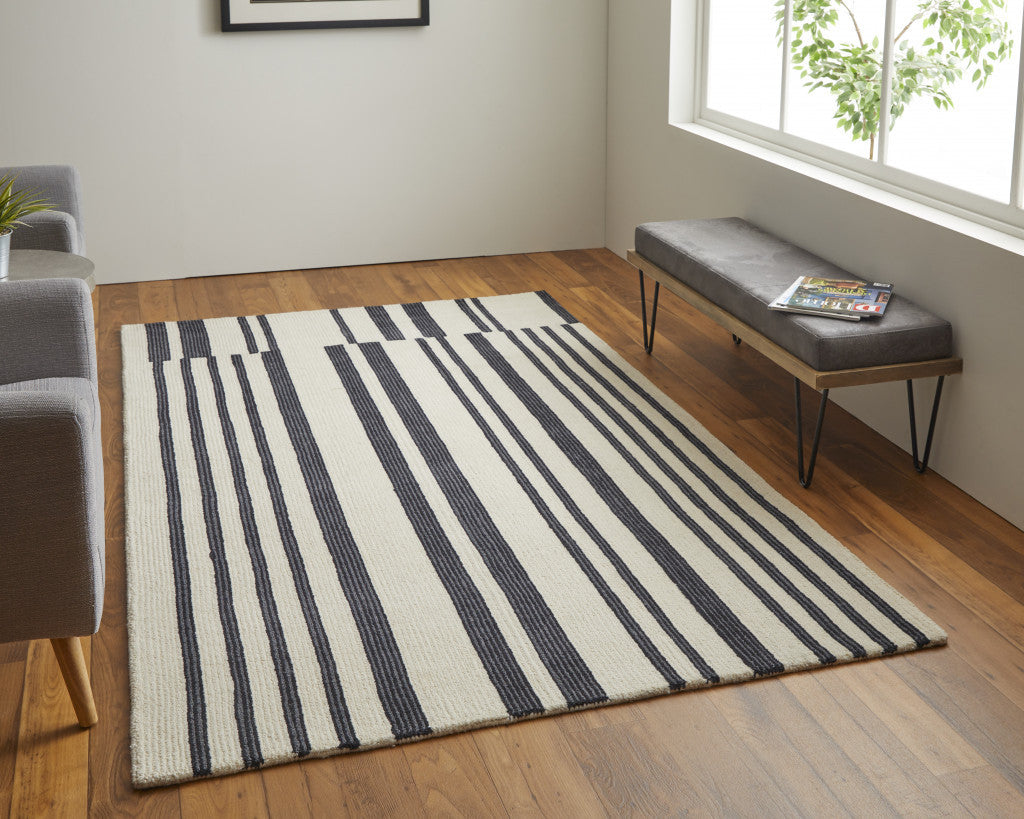 HomeRoots 514388 8 x 10 ft. Ivory & Black Wool Abstract Hand Tufted Handmade Rectangle Area Rug, Rectangular