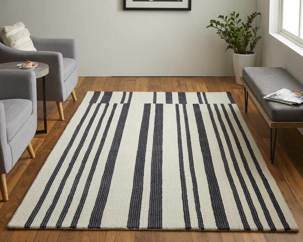 HomeRoots 514388 8 x 10 ft. Ivory & Black Wool Abstract Hand Tufted Handmade Rectangle Area Rug, Rectangular