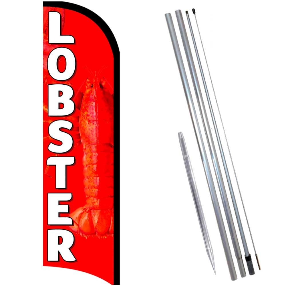 Lobster Premium Windless Feather Flag Bundle (11.5' Tall Flag, 15' Tall Flagpole, Ground Mount Stake)