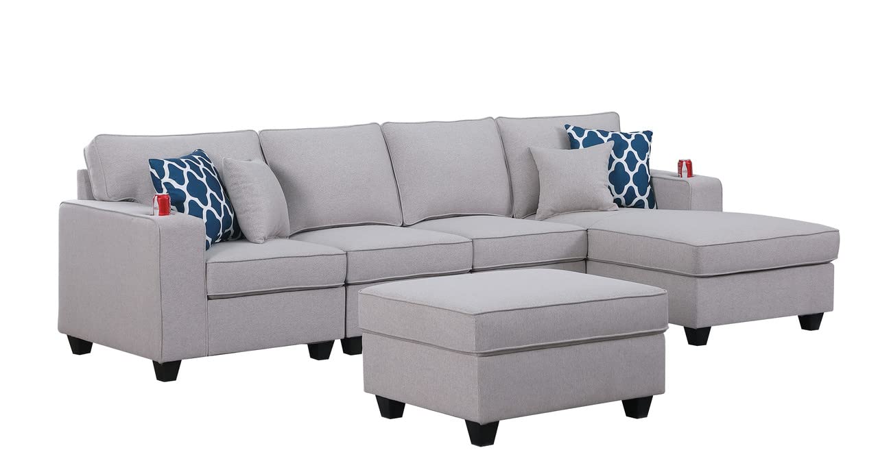 Lilola Home Cooper Light Gray Linen 5Pc Sectional Sofa Chaise with Ottoman and Cupholder