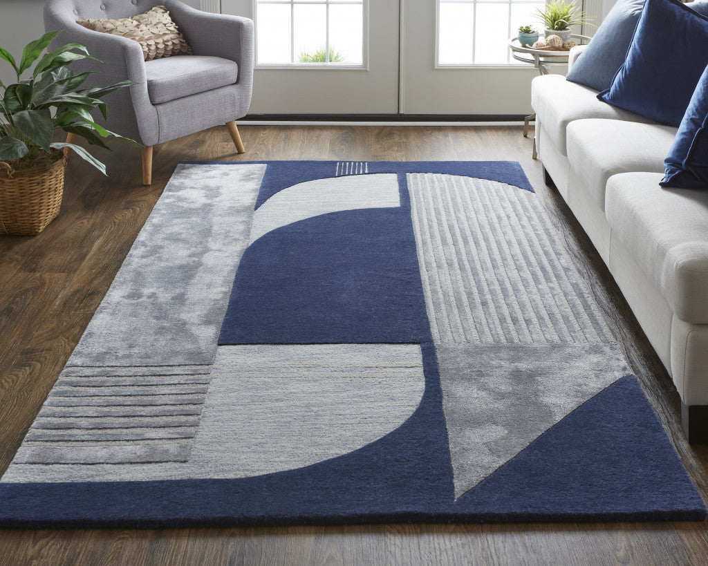 HomeRoots 514592 8 x 10 ft. Blue & Silver Wool Geometric Hand Tufted Handmade Rectangle Area Rug