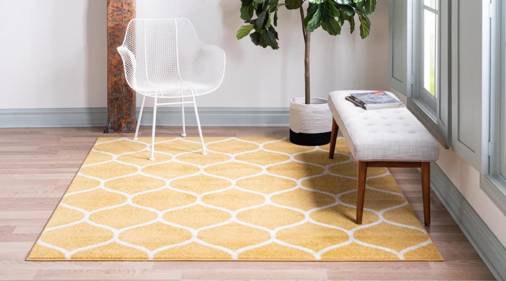 Unique Loom Trellis Frieze Collection Area Rug - Rounded (3' Square, Yellow/ Ivory)