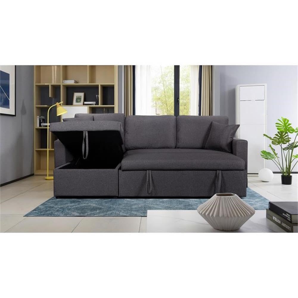 Lilola Home Paisley Light Gray Linen Fabric Reversible Sleeper Sectional Sofa with Storage Chaise