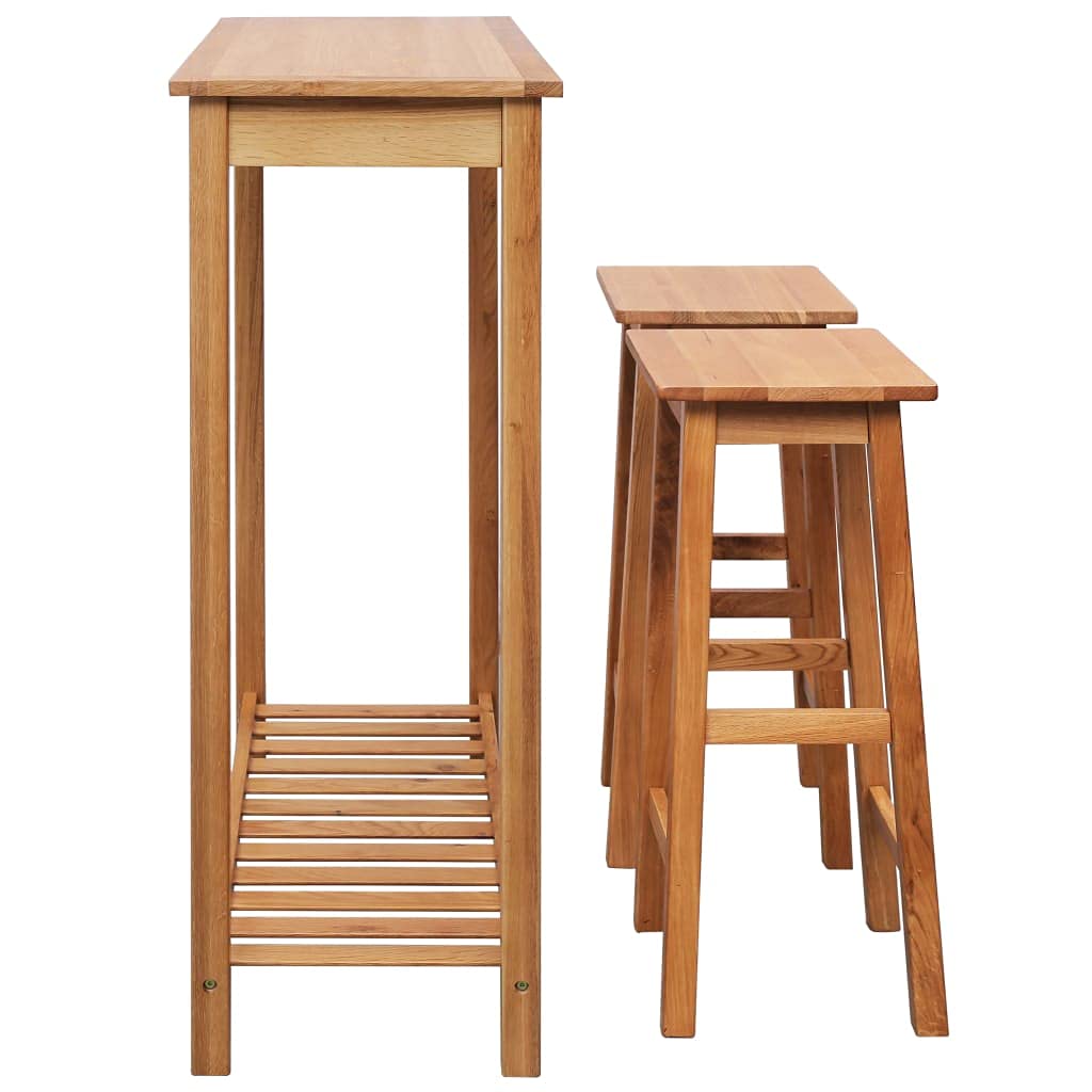 vidaXL 3-Piece Bar Set – Solid Oak Wood, Natural Finish, Dining Set with Drawer Storage, Breakfast/Bistro/Pub Table with 2 Chairs - Farmhouse Style, Brown
