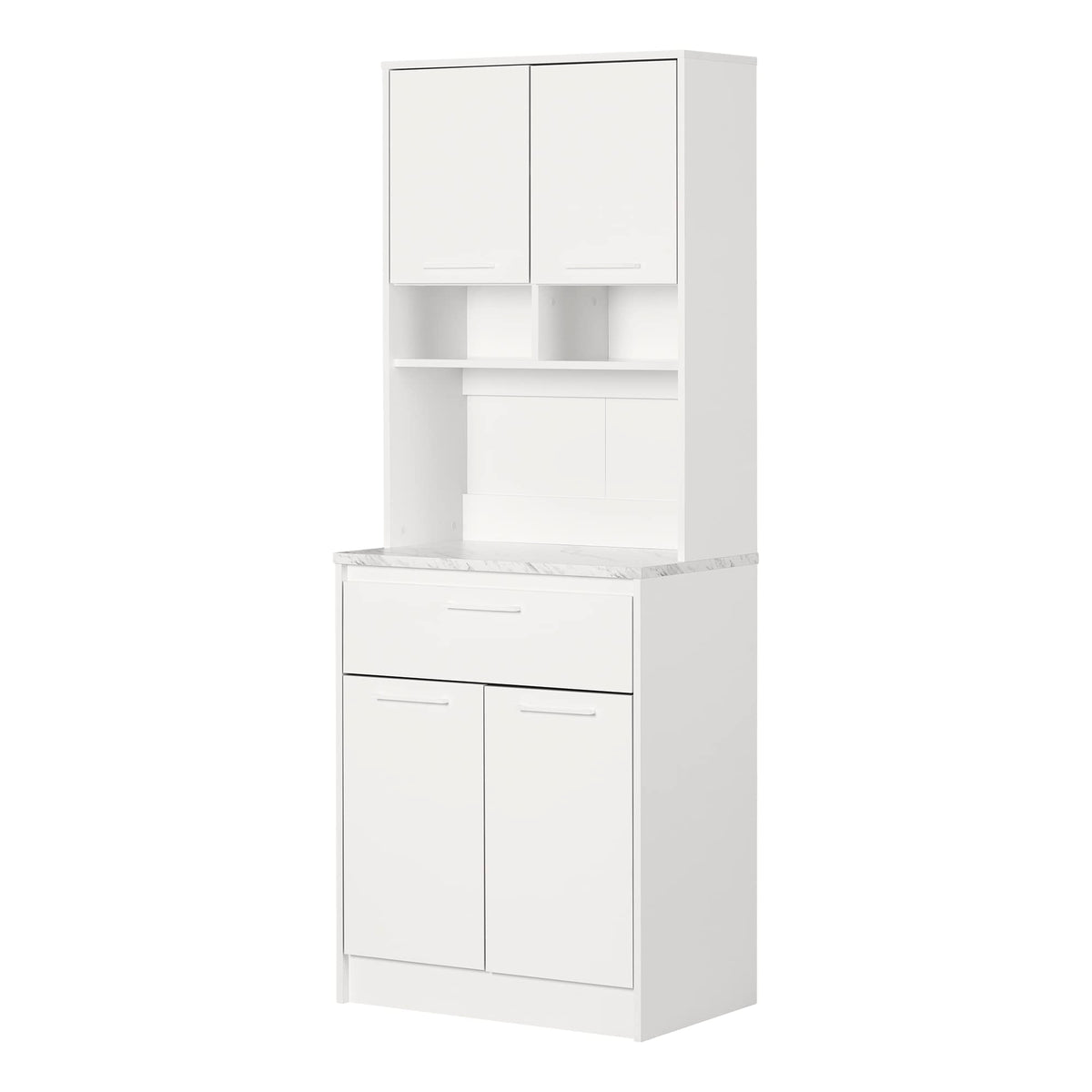 South Shore Myro Pantry Cabinet With Microwave Hutch, Faux White Marble And White