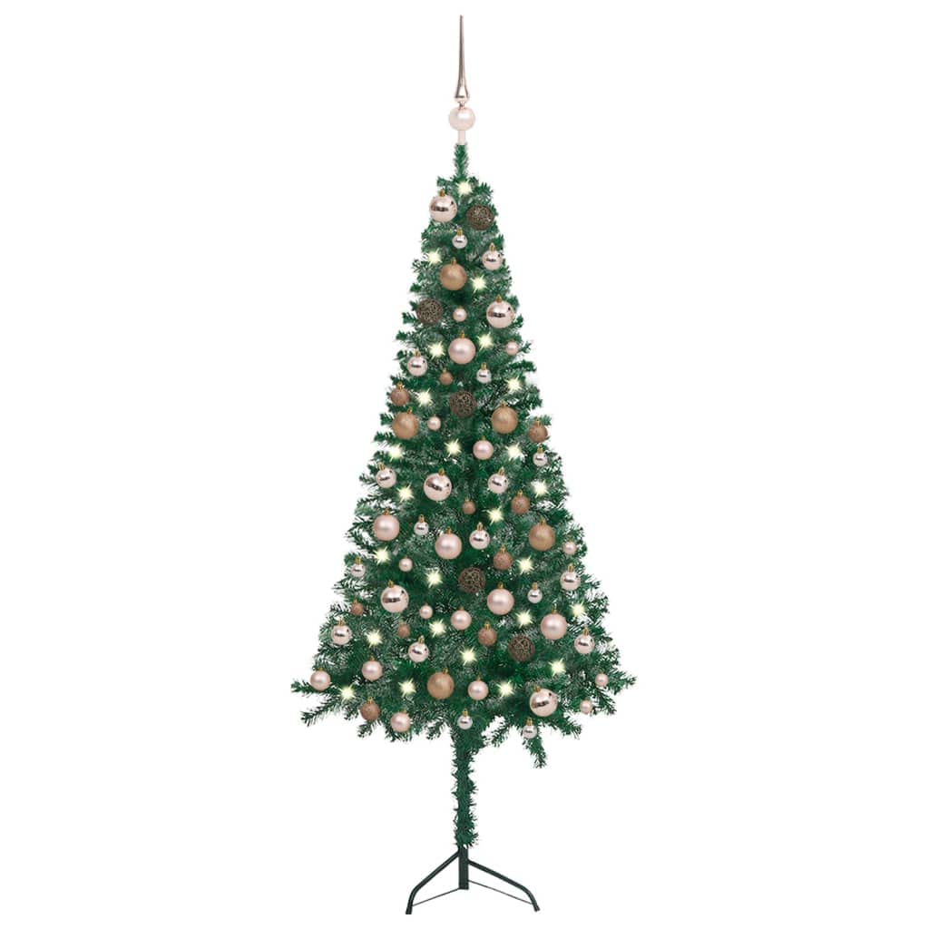 Vidaxl Space-Efficient Corner Artificial Christmas Tree With Varied Gold Decorations And Led Lights, 47.2&quot; Height, Durable Pvc And Steel Material, Easy To Assemble, Green