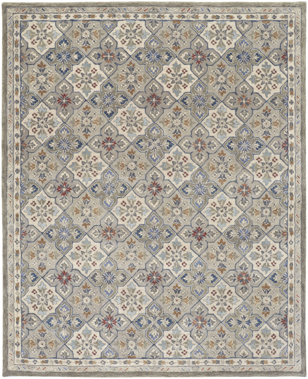 HomeRoots 514800 8 x 10 ft. Taupe Ivory & Red Wool Patchwork Hand Tufted Handmade Stain Resistant Rectangle Area Rug
