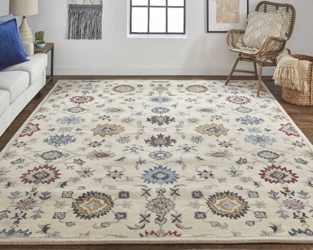 HomeRoots 514818 8 x 10 ft. Ivory Blue & Tan Wool Floral Hand Tufted Handmade Stain Resistant Rectangle Area Rug