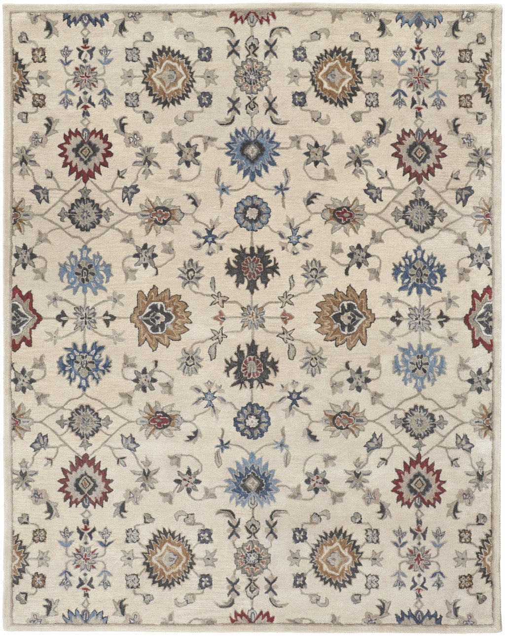 HomeRoots 514819 9 x 12 ft. Ivory Blue & Tan Wool Floral Hand Tufted Handmade Stain Resistant Rectangle Area Rug