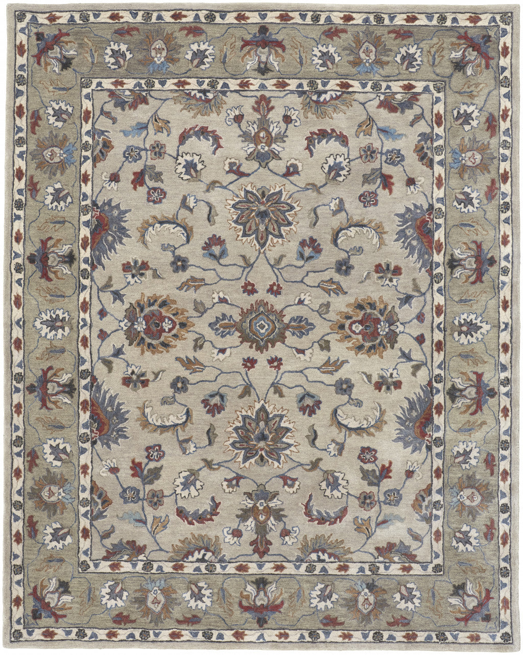 HomeRoots 514824 8 x 10 ft. Ivory Taupe & Blue Wool Floral Hand Tufted Handmade Stain Resistant Rectangle Area Rug