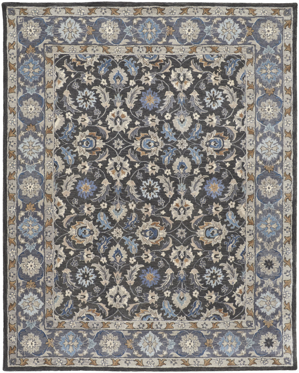 HomeRoots 514831 9 x 12 ft. Taupe Blue & Ivory Wool Floral Hand Tufted Handmade Stain Resistant Rectangle Area Rug