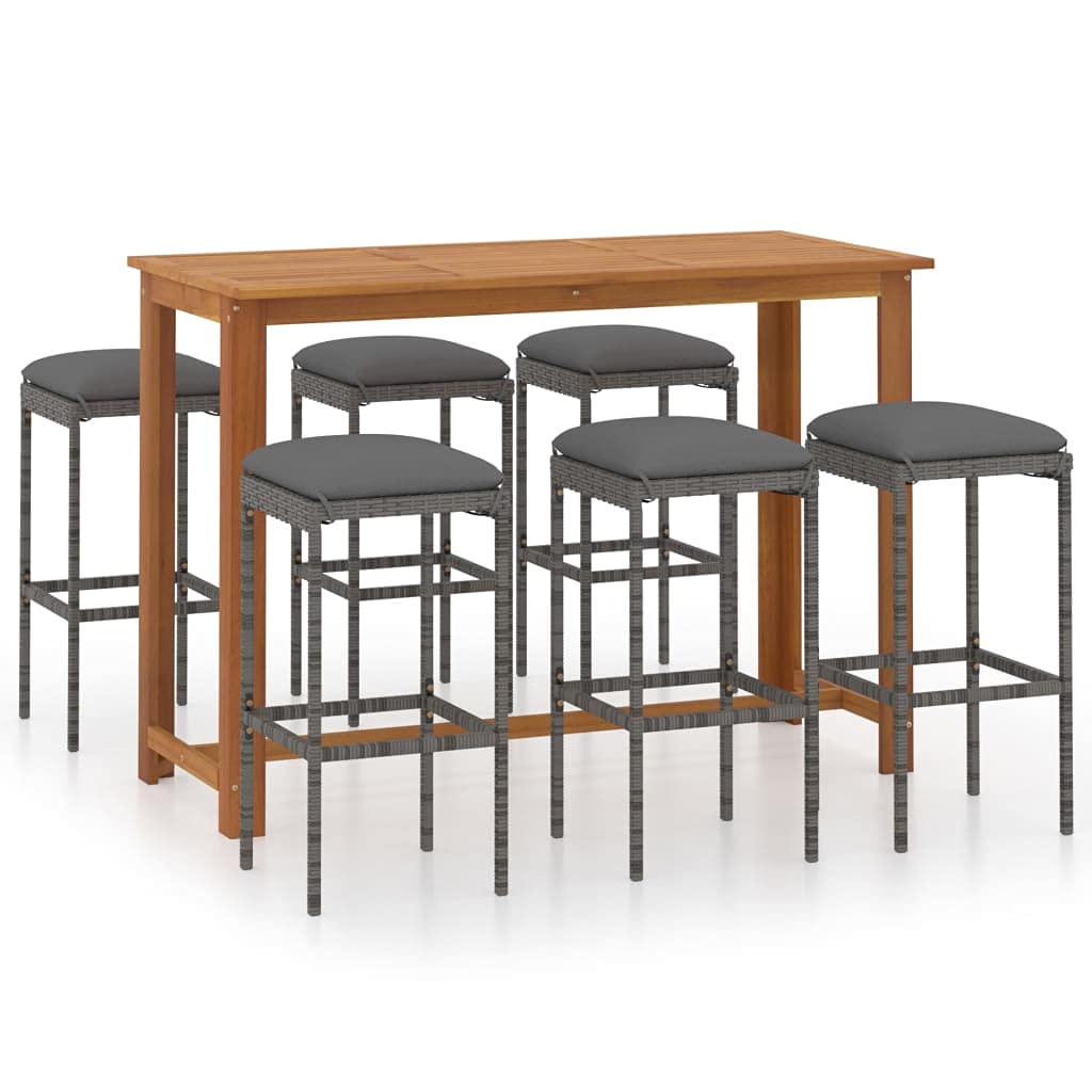 vidaXL Outdoor Seven -Piece Patio Bar Set with Cushions - Durable Acacia Wood Fabric - Weather-Resistant Gray PE Rattan - Comfortable Seat Cushions