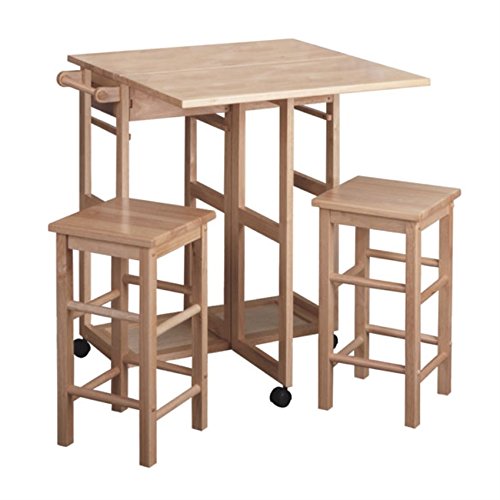 Ergode Suzanne 3-Pc Space Save Set | Expandable Drop Leaf | Stool Storage | Wheels | Natural Finish | Table: 29.6W x 29.1D x 32.75H | Stools: 11.4W x 11.4D x 20.8H | Weight Capacity: 200 lbs