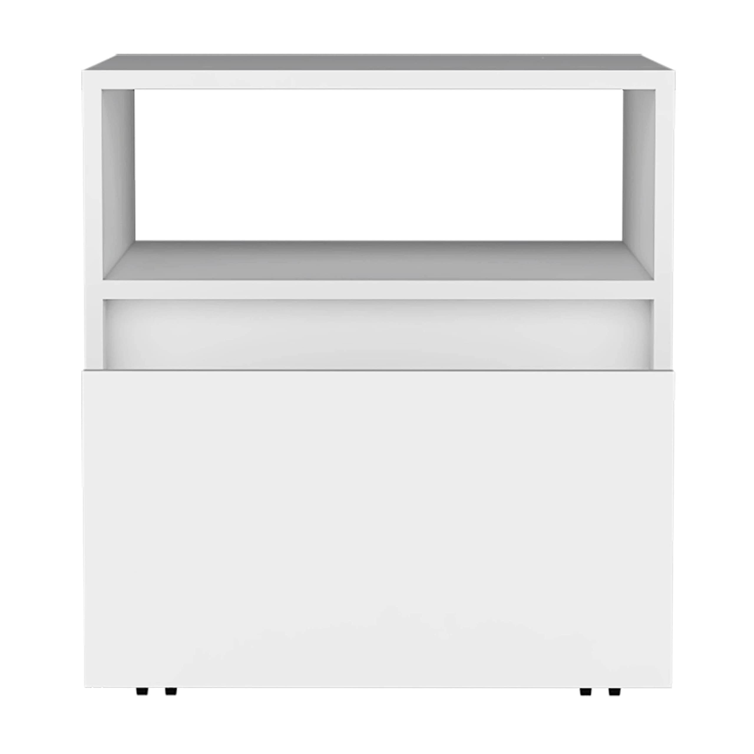 Nightstand 20&quot; H, with 1 Open Shelf, 1 Drawer and Casters, White