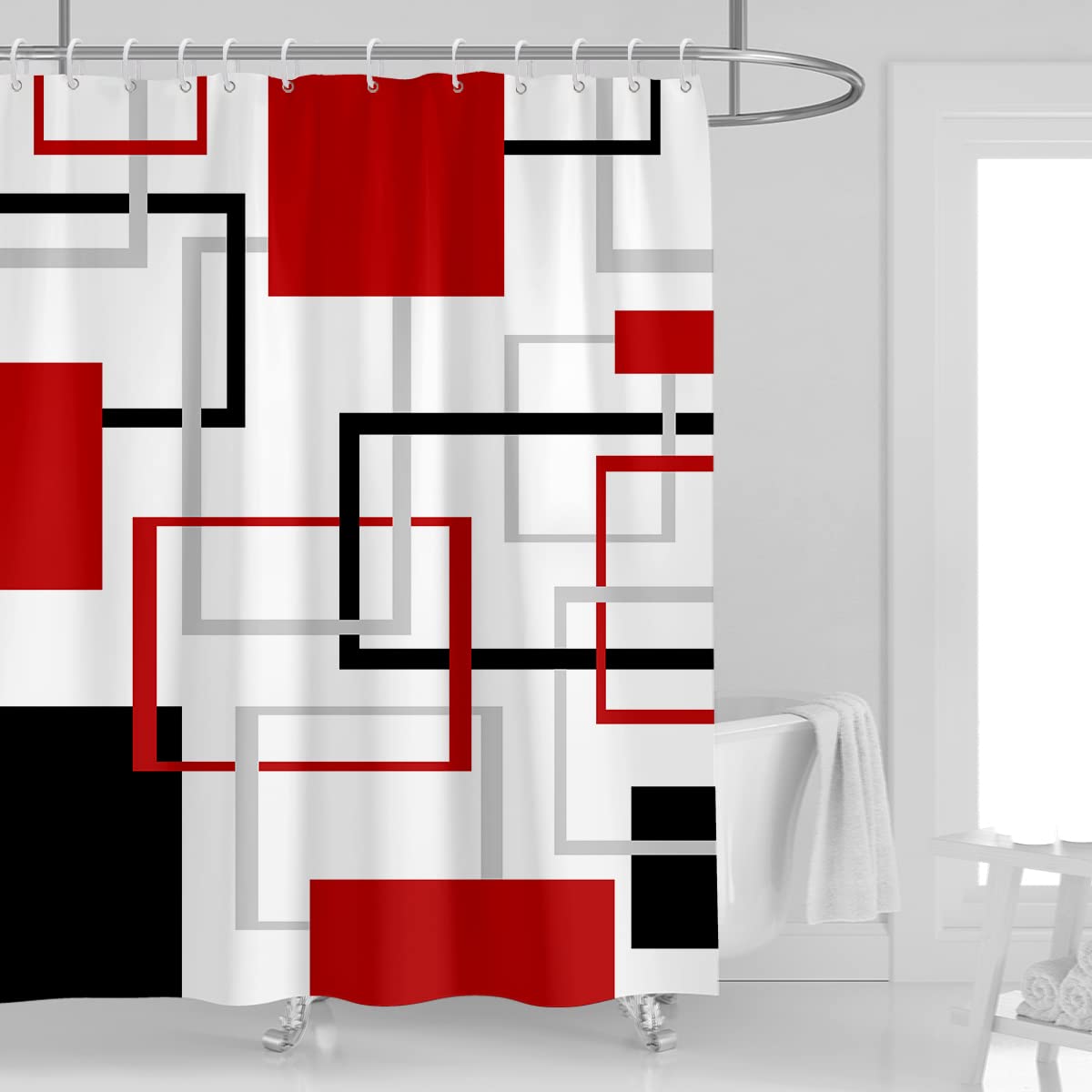 Kikiry Red Black Shower Curtain 60W x 72L Abstract White Grey Gray Geometric Cross Checkered Modern Geometry Minimalist Neut
